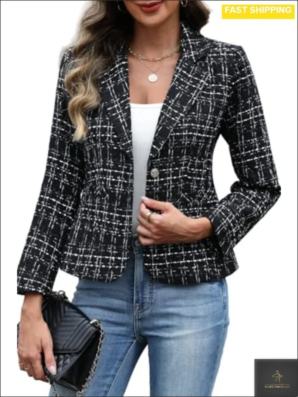 Women's Tweed Blazer Long Sleeve Two Button Business Casual Slim Fit Blazer